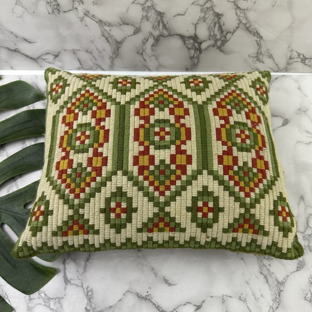 Vintage Needlepoint Throw Pillow Green Red Geometric Embroidered Velvet Handmade